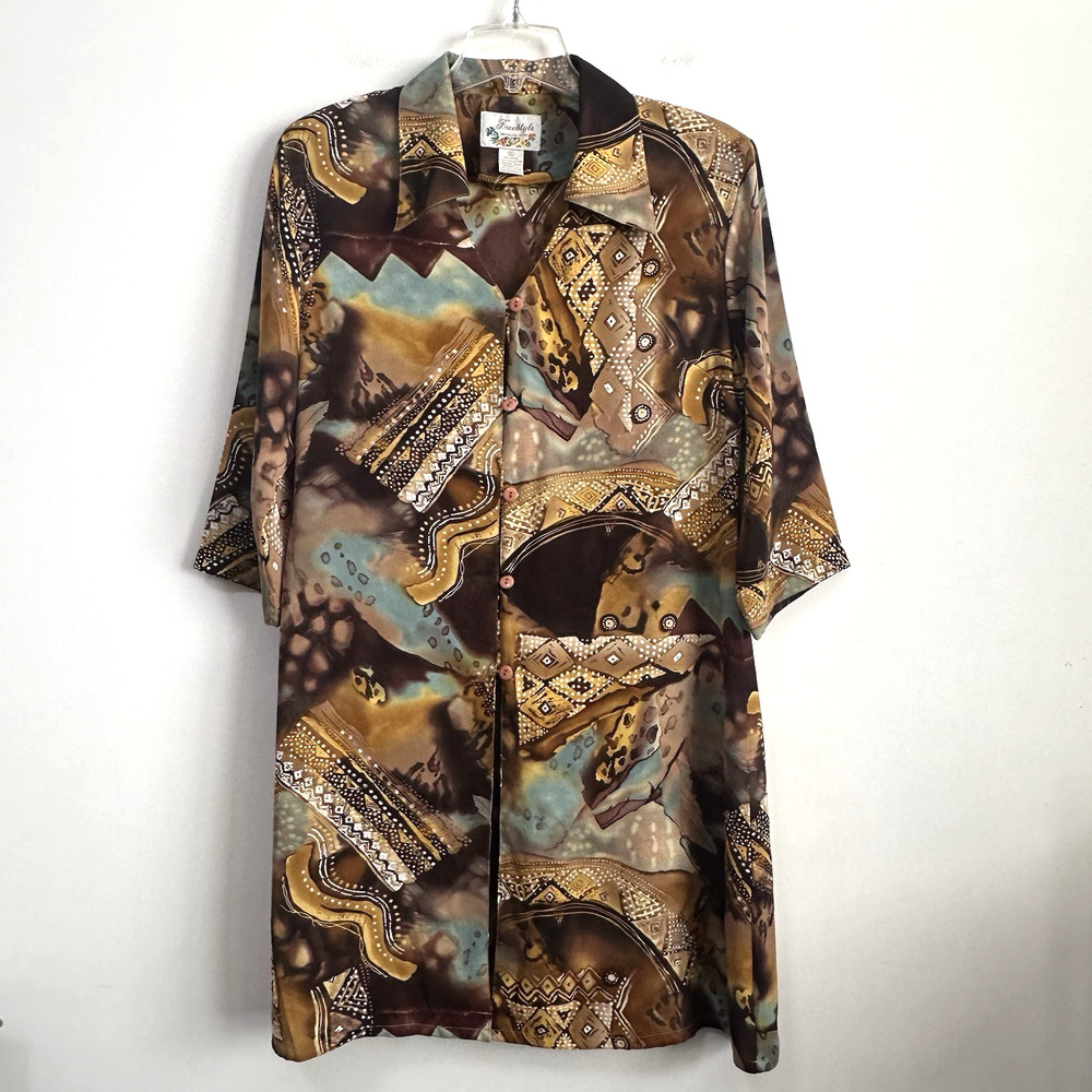 Freestyle Original Collection Shirt XL Brown Abstract Retro Button Front‎ Top